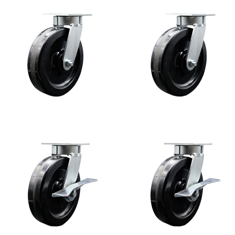 Kingpinless Phenolic Swivel Top Plate Caster Set of 4 w/8" x 2" Black Wheels - Includes 2 Swivel with Brakes & 2 Swivel - 5000 lbs Total Capacity - Service Caster Brand — photo 1