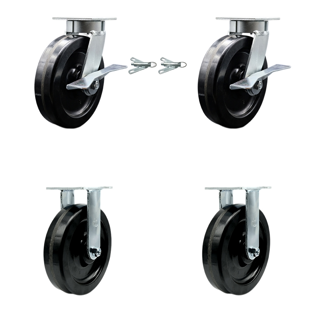 Kingpinless Phenolic Swivel Top Plate Caster Set of 4 w/8" x 2" Black Wheels - Includes 2 Swivel with Bolt on Swivel Locks & 2 Rigid - 5000 lbs Total Capacity - Service Caster Brand — photo 1