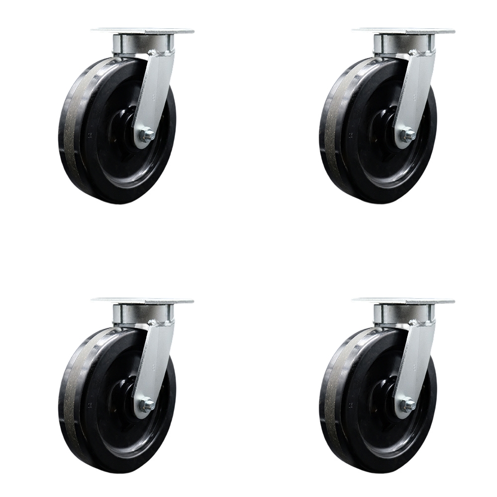 Kingpinless Phenolic Swivel Top Plate Caster Set of 4 w/8" x 2" Black Wheels - Includes 4 Swivel w/Bolt on Swivel Locks - 5000 lbs Total Capacity - Service Caster Brand — photo 1