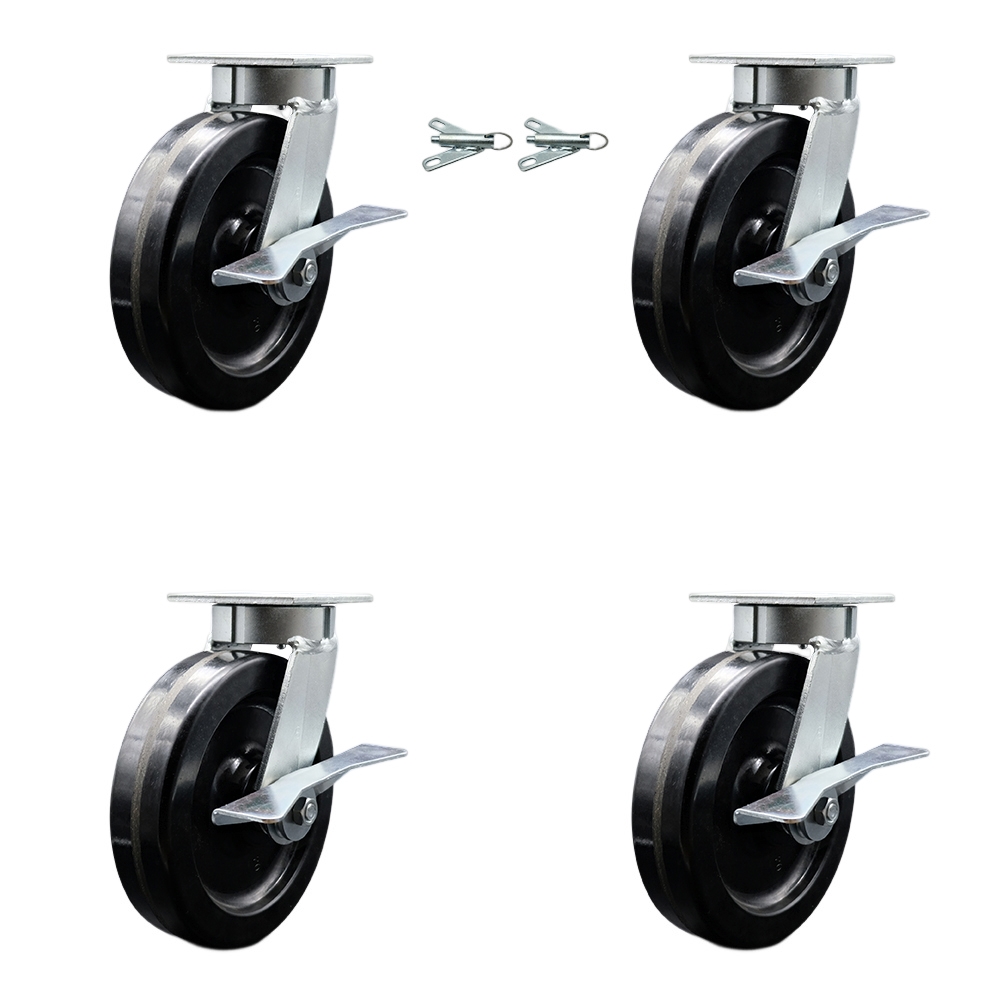 Kingpinless Phenolic Swivel Top Plate Caster Set 4 w/8" x 2" Black Wheels-Includes 2 Swivel with Brakes and Bolt on Swivel Locks&2 Swivel with Brakes-5000 lbs Total Cpty-Service Caster Brand — photo 1