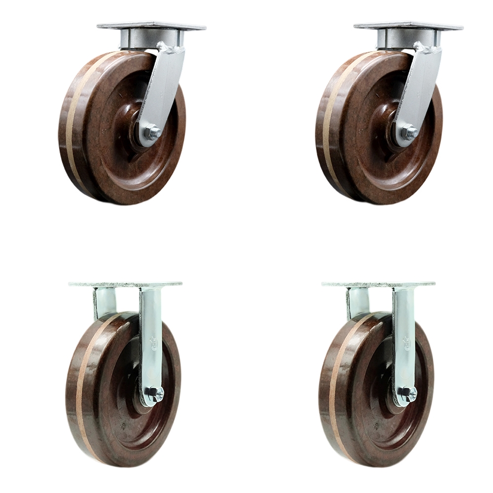 Kingpinless High Temperature Phenolic Swivel Top Plate Caster Set of 4 w/8" x 2" Brown Wheels - Includes 2 Swivel & 2 Rigid - 5000 lbs Total Capacity - Service Caster Brand — photo 1