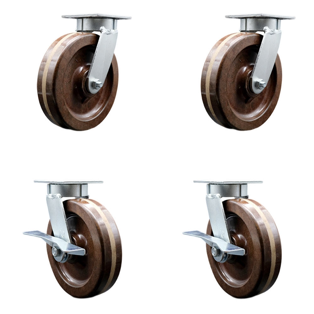 Kingpinless High Temperature Phenolic Swivel Top Plate Caster Set of 4 w/8" x 2" Brown Wheels - Includes 2 Swivel with Brakes & 2 Swivel - 5000 lbs Total Capacity - Service Caster Brand — photo 1