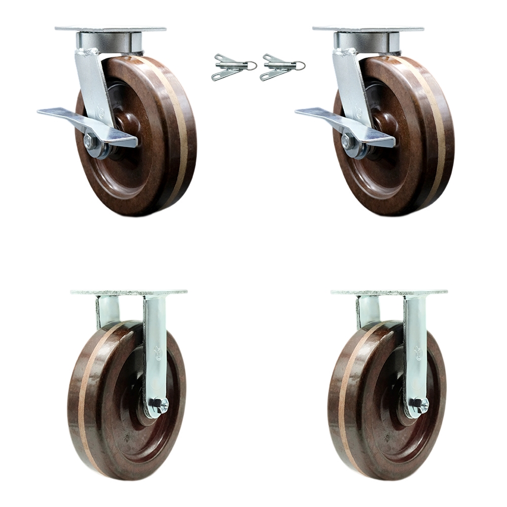 Heavy Duty Kingpinless Swivel Caster Set of 4 with 8 Inch High Temperature Glass Filled Nylon Wheels - Includes 2 Swivel with Bolt on Swivel Locks and 2 Rigid - Service Caster Brand — photo 1