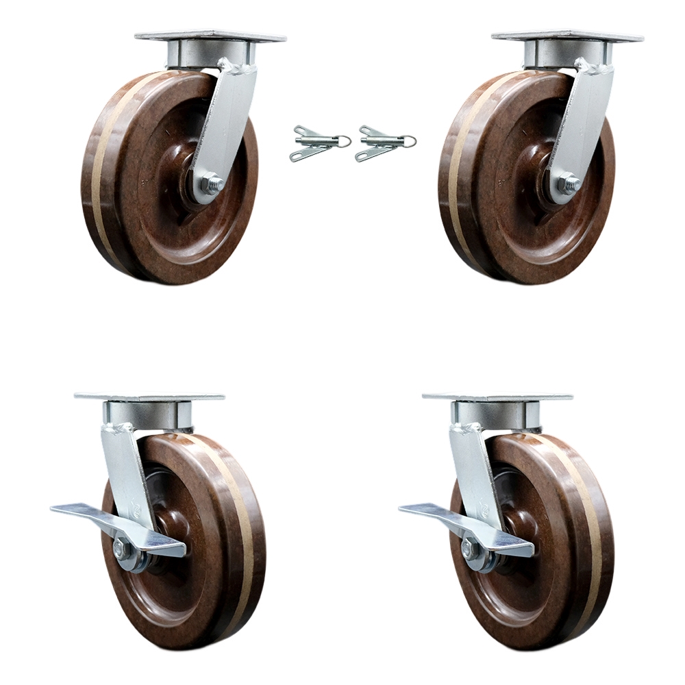 Kingpinless High Temperature Phenolic Swivel Top Plate Caster Set of 4 w/8" x 2" Brown Wheels-Includes 2 Swivel with Bolt on Swivel Locks&2 Swivel with Brakes-5000lbs Total Cpty - Service Caster Brand — photo 1