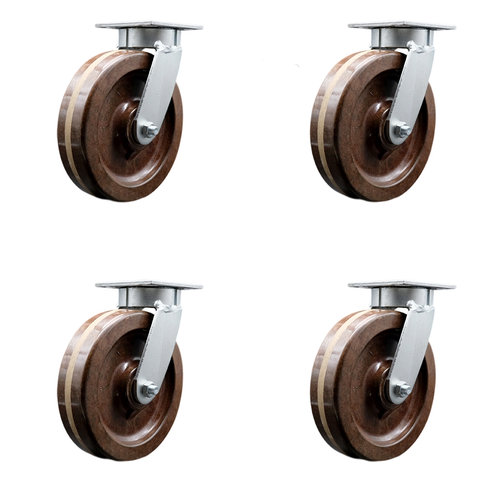 Kingpinless High Temperature Phenolic Swivel Top Plate Caster Set of 4 w/8" x 2" Brown Wheels - Includes 4 Swivel w/Bolt on Swivel Locks - 5000 lbs Total Capacity - Service Caster Brand — photo 1