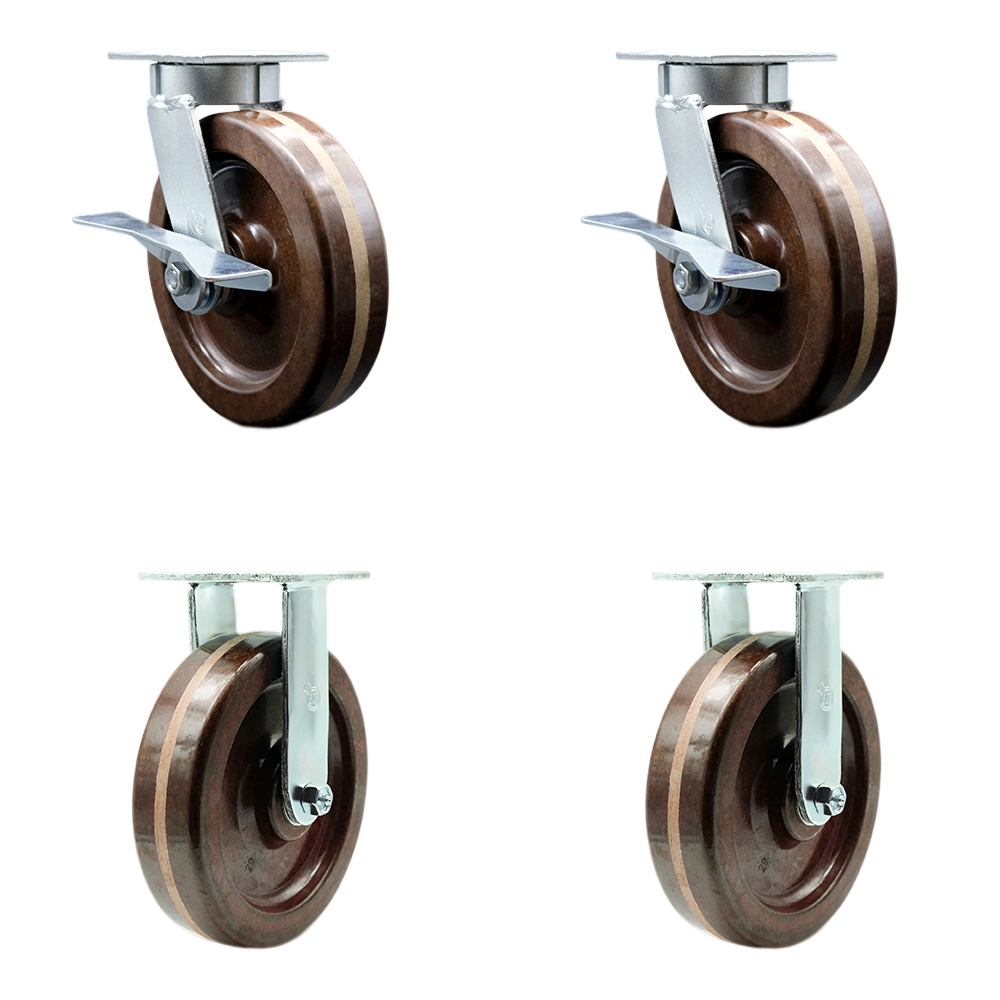 Kingpinless High Temperature Phenolic Swivel Top Plate Caster Set of 4 w/8" x 2" Brown Wheels - Includes 2 Swivel with Brakes & 2 Rigid - 5000 lbs Total Capacity - Service Caster Brand — photo 1