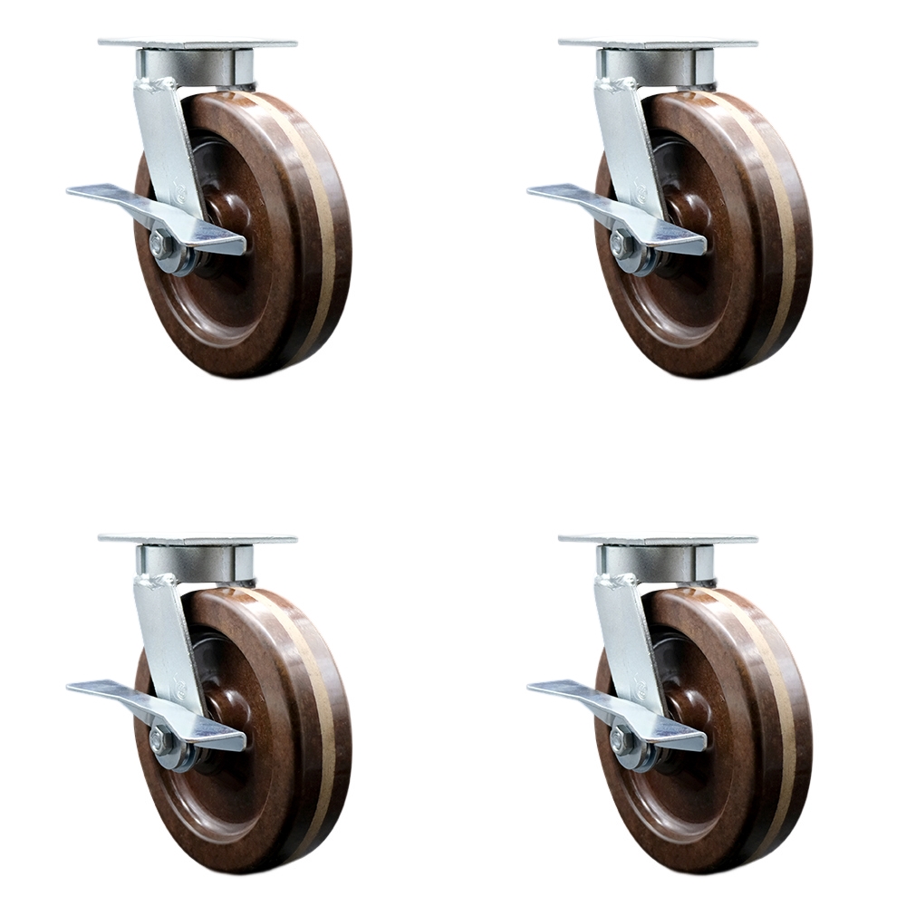 Heavy Duty Kingpinless Swivel Caster Set of 4 with 8 Inch High Temperature Glass Filled Nylon Wheels -Includes 4 Swivel with Side Lock Brakes - 4,800 lbs. Total Capacity - Service Caster Brand — photo 1