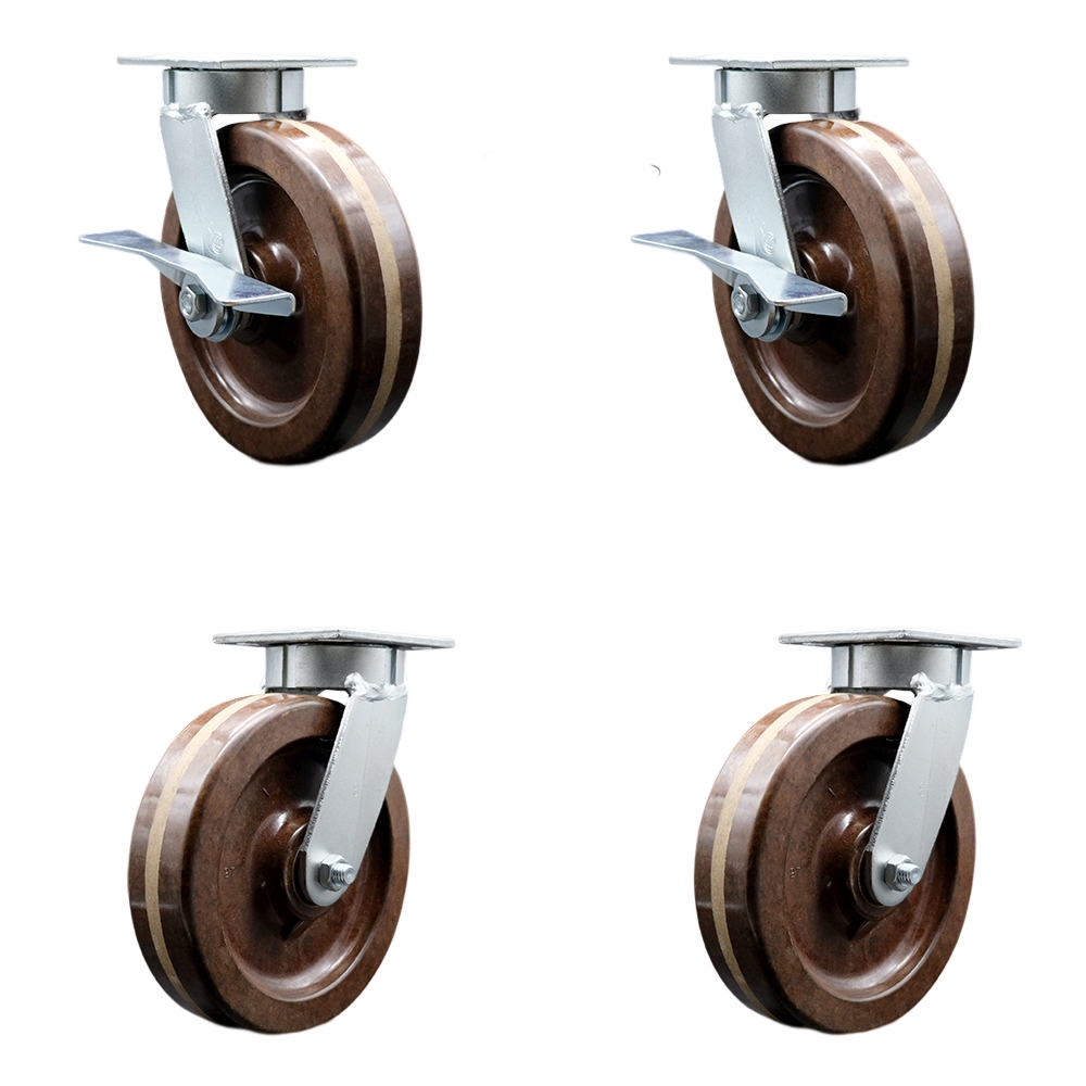 Heavy Duty Kingpinless Swivel Caster Set with 8 Inch High Temperature Glass Filled Nylon Wheels - Includes 2 Swivel with Brakes and Swivel Locks and 2 Swivel with Swivel Locks - Service Caster Brand — photo 1