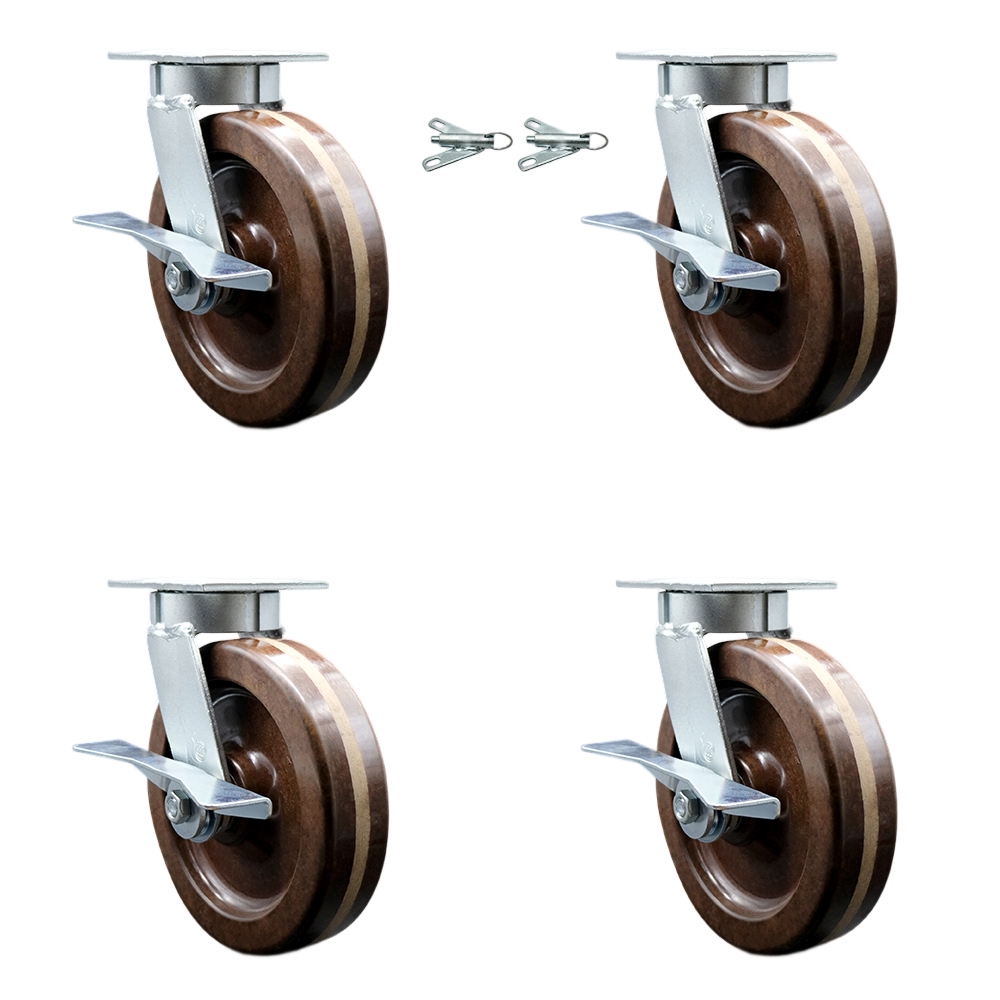 Heavy Duty Kingpinless Swivel Caster Set of 4 with 8 Inch High Temp Glass Filled Nylon Wheels and Bronze Bearings-Includes 2 Swivel with Brakes and Swivel Lock&2 Swivel with Brake-Service Caster Brand — photo 1