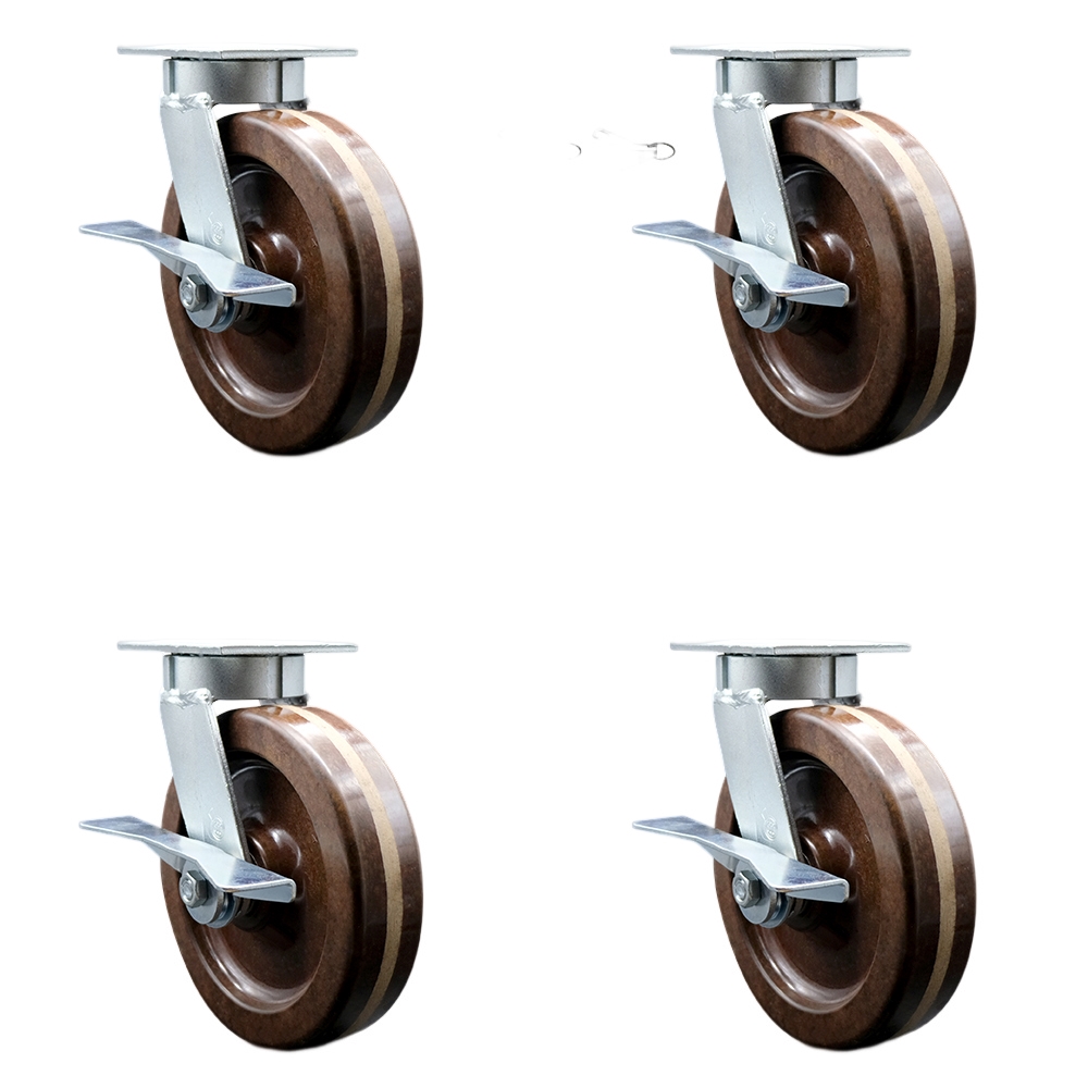 Heavy Duty Kingpinless Swivel Caster Set of 4 with 8 Inch High Temp Glass Filled Nylon Wheels and Bronze Bearings -Includes 4 Swivel with Side Lock Brakes and Bolt on Swivel Locks-Service Caster Brand — photo 1