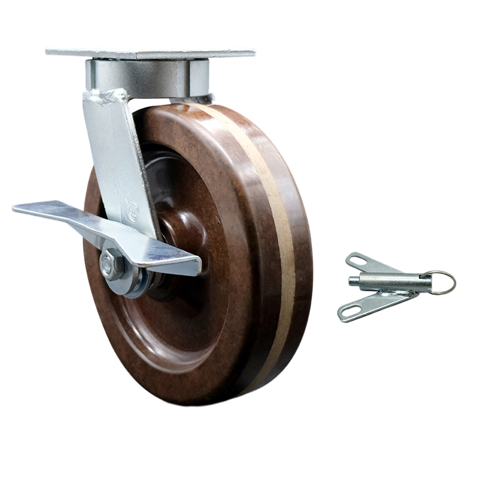 Kingpinless High Temperature Phenolic Swivel Top Plate Caster w/8" x 2" Brown Wheel & Side Lck Brake and Bolt on Swivel Lock - 1250 lbs Capacity/Caster - Service Caster Brand — photo 1