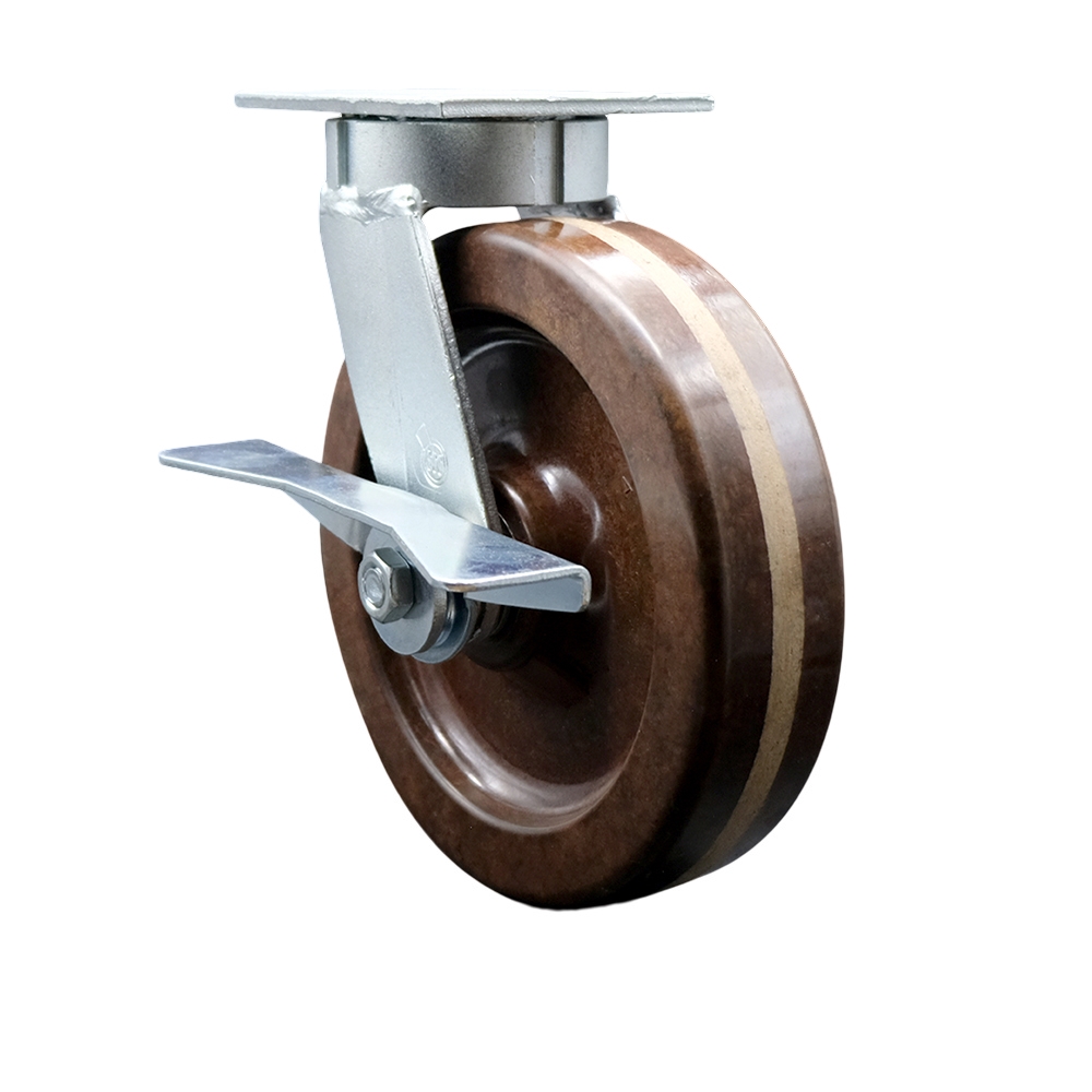 Heavy Duty Kingpinless Swivel Top Plate Caster with Side Lock Brake and 8 Inch High Temperature Phenolic Wheel with Bronze Bearings - 1,250 lbs. Capacity/Caster - Service Caster Brand — photo 1