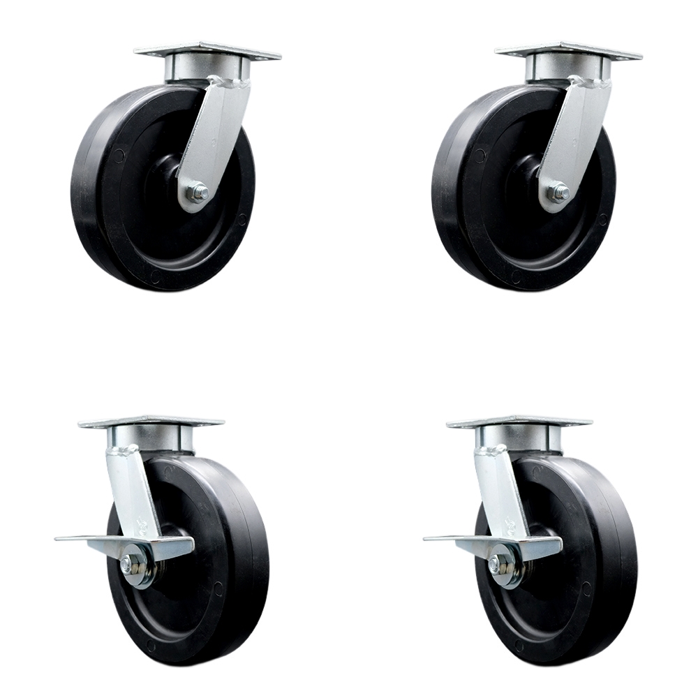 Kingpinless Polyolefin Swivel Top Plate Caster Set of 4 w/8" x 2" Black Wheels - Includes 2 Swivel with Bolt on Swivel Locks&2 Swivel with Brakes-3600 lbs Total Capacity - Service Caster Brand — photo 1
