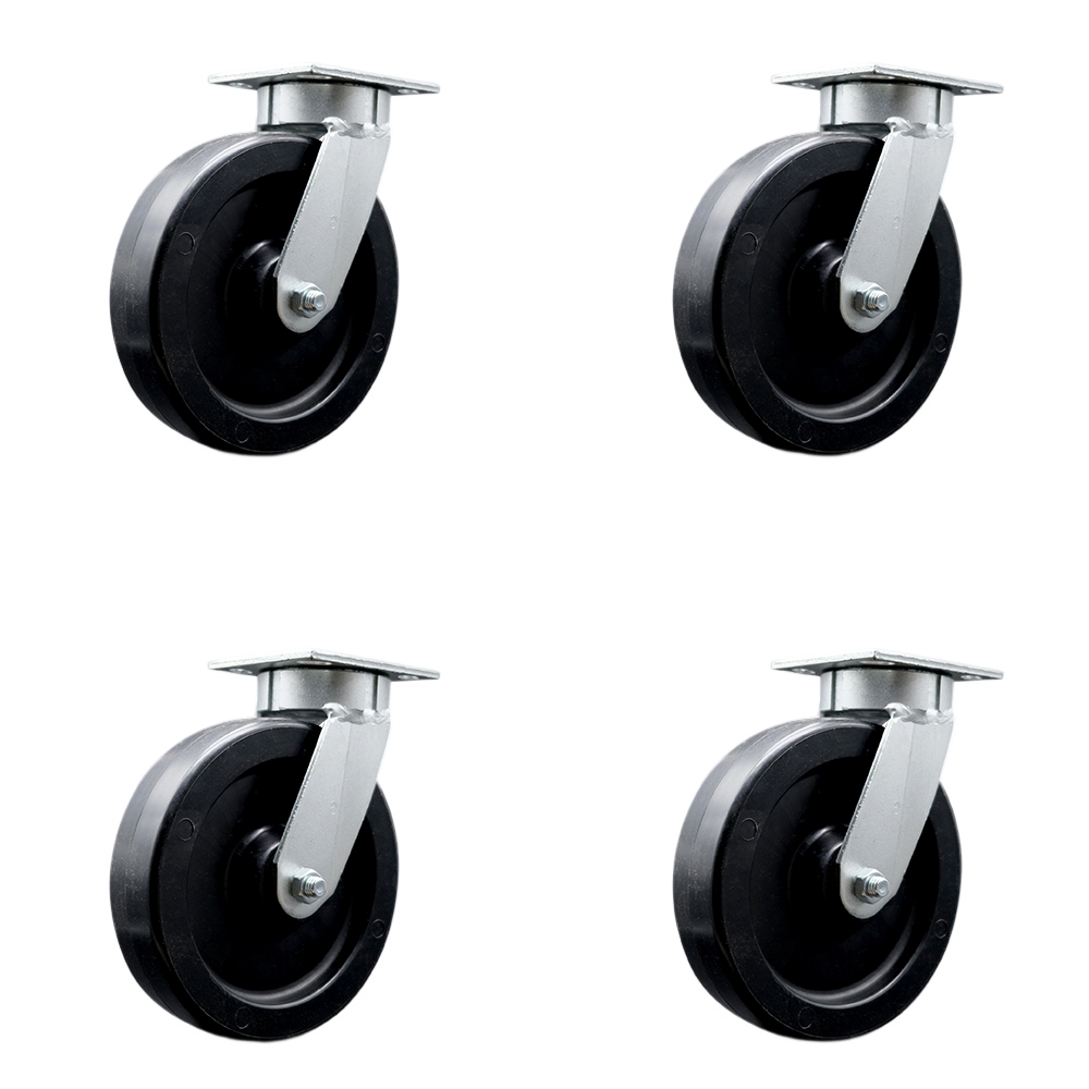 Kingpinless Polyolefin Swivel Top Plate Caster Set of 4 w/8" x 2" Black Wheels - Includes 4 Swivel w/Bolt on Swivel Locks - 3600 lbs Total Capacity - Service Caster Brand — photo 1
