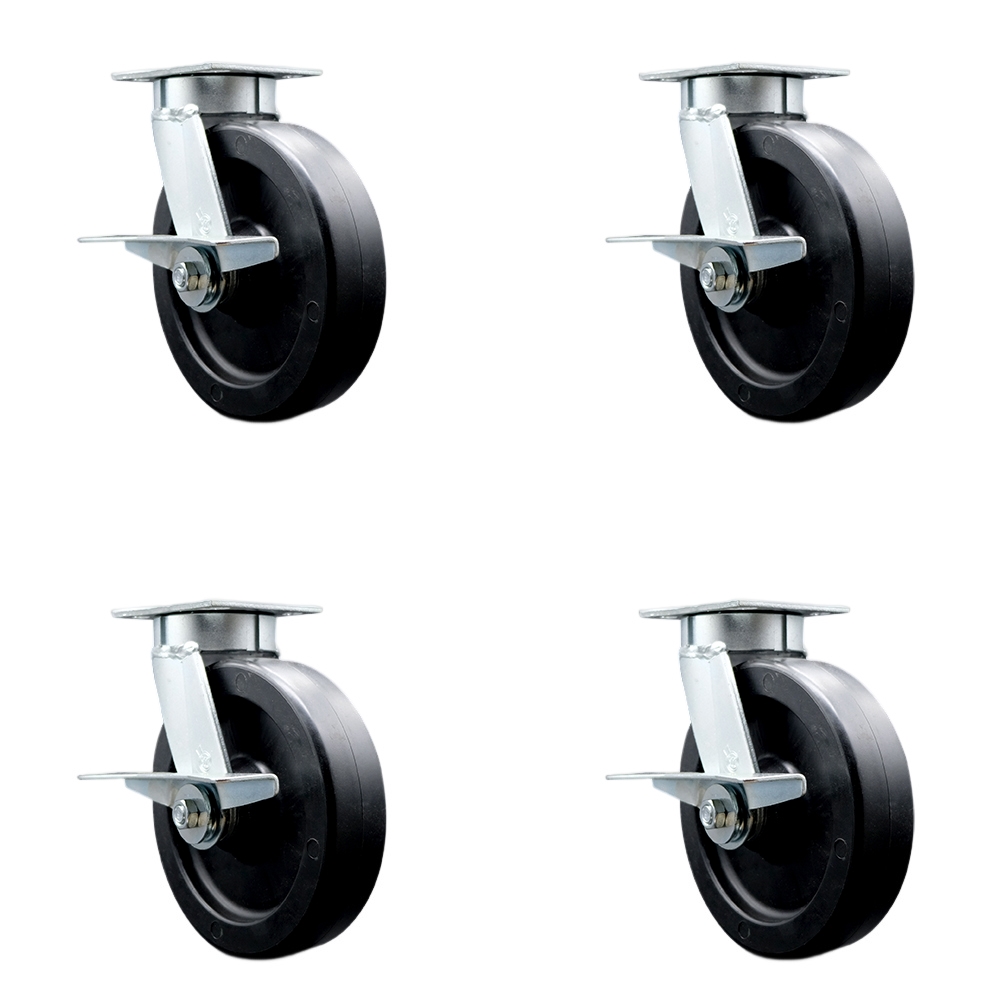 Kingpinless Polyolefin Swivel Top Plate Caster Set of 4 w/8" x 2" Black Wheels - Includes 4 Swivel w/Side Lck Brakes - 3600 lbs Total Capacity - Service Caster Brand — photo 1