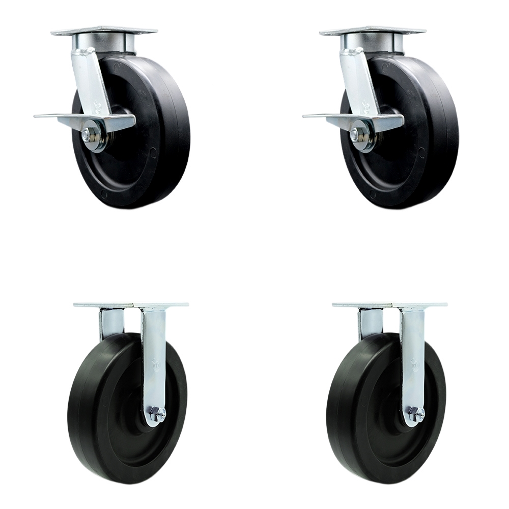 Kingpinless Polyolefin Swivel Top Plate Caster Set of 4 w/8" x 2" Black Wheels - Includes 2 Swivel with Brakes and Bolt on Swivel Locks & 2 Rigid-3600 lbs Total Capacity - Service Caster Brand — photo 1