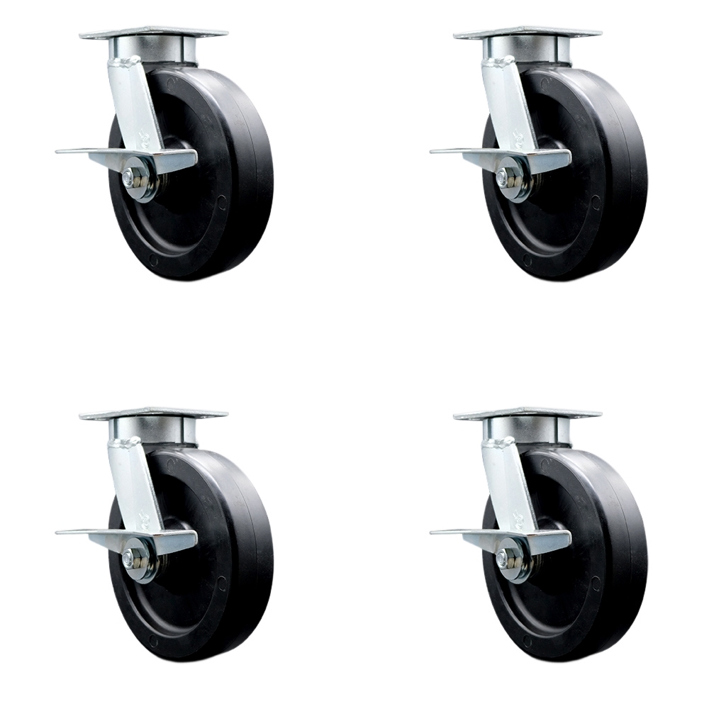 Kingpinless Polyolefin Swivel Top Plate Caster Set of 4 w/8" x 2" Black Wheels - Includes 4 Swivel w/Side Lck Brakes & Bolt on Swivel Locks - 3600 lbs Total Capacity - Service Caster Brand — photo 1