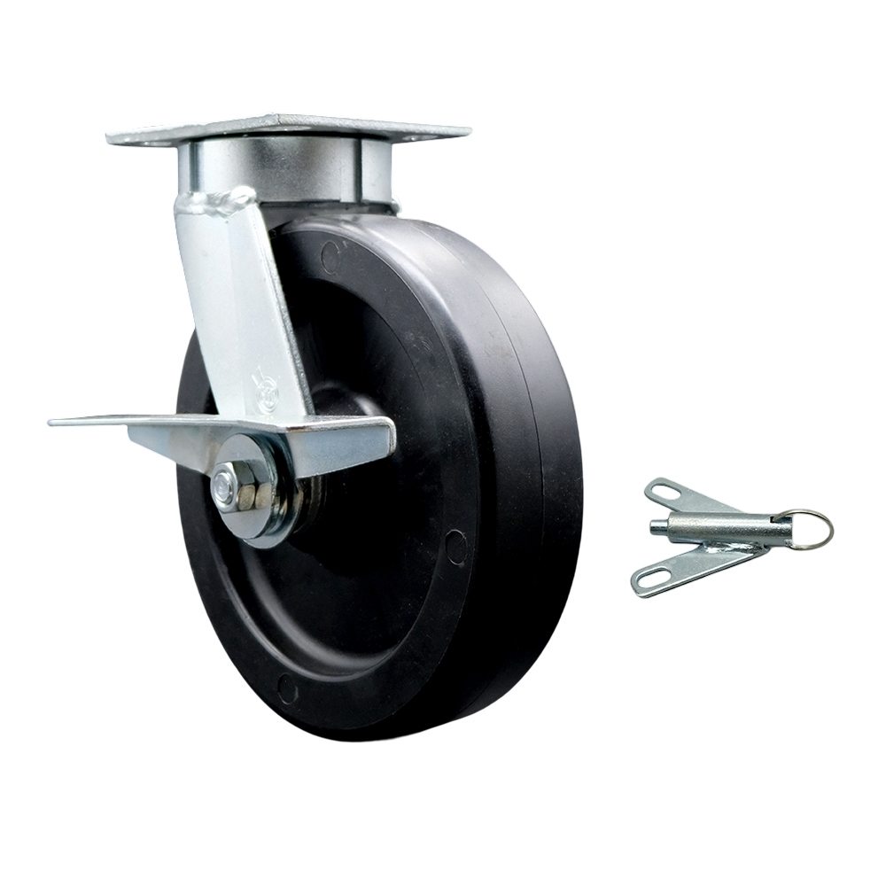 Kingpinless Polyolefin Swivel Top Plate Caster w/8" x 2" Black Wheel & Side Lck Brake and Bolt on Swivel Lock - 900 lbs Capacity/Caster - Service Caster Brand — photo 1