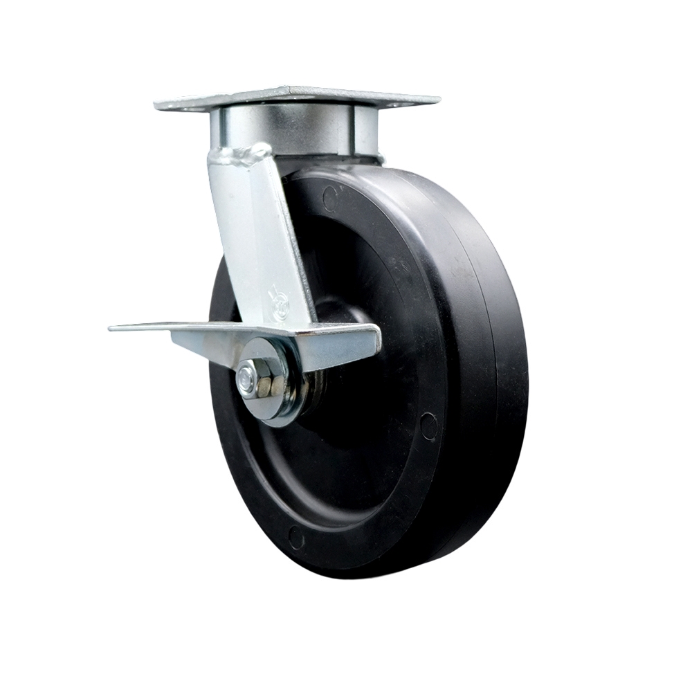 Kingpinless Polyolefin Swivel Top Plate Caster w/8" x 2" Black Wheel & Side Lck Brake - 900 lbs Capacity/Caster - Service Caster Brand — photo 1