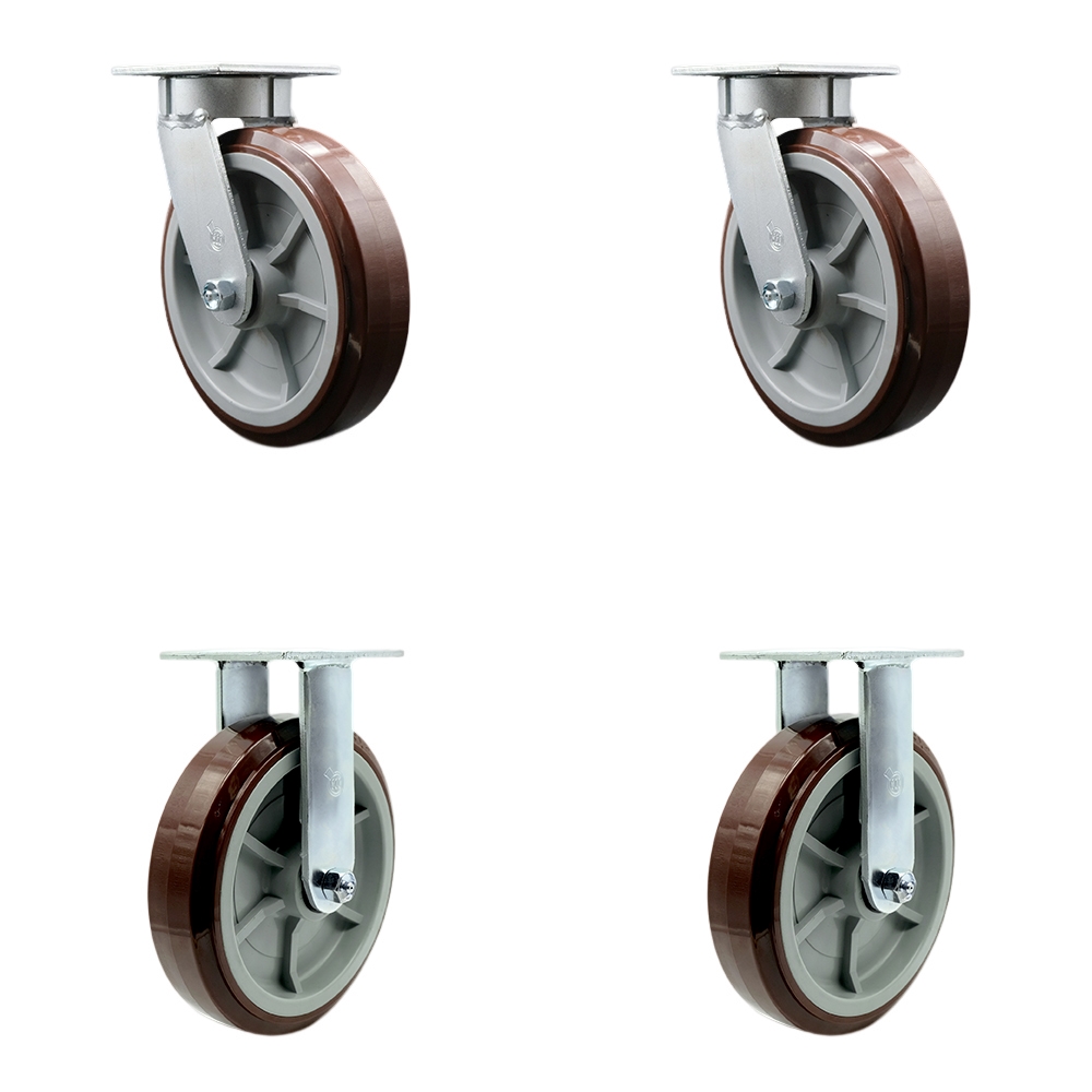 Kingpinless Polyurethane on Polyolefin Swivel Top Plate Caster Set of 4 w/8" x 2" Maroon Wheels - Includes 2 Swivel & 2 Rigid - 4000 lbs Total Capacity - Service Caster Brand — photo 1