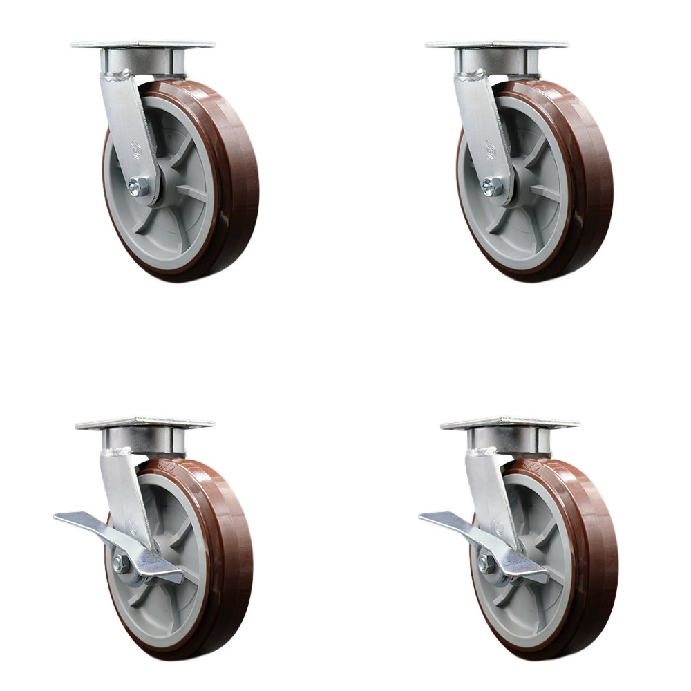 Kingpinless Polyurethane on Polyolefin Swivel Top Plate Caster Set of 4 w/8" x 2" Maroon Wheels - Includes 2 Swivel with Brakes & 2 Swivel - 4000 lbs Total Capacity - Service Caster Brand — photo 1