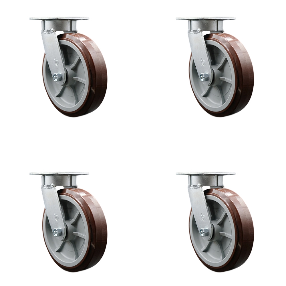 Kingpinless Polyurethane on Polyolefin Swivel Top Plate Caster Set of 4 w/8" x 2" Maroon Wheels - Includes 4 Swivel - 4000 lbs Total Capacity - Service Caster Brand — photo 1