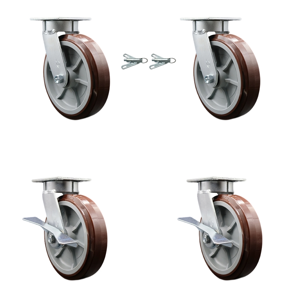 Heavy Duty Kingpinless Swivel Caster Set of 4 with 8 Inch Polyurethane Wheels and Ball Bearings - Includes 2 Swivel with Bolt on Swivel Locks and 2 Swivel with Brakes - Service Caster Brand — photo 1