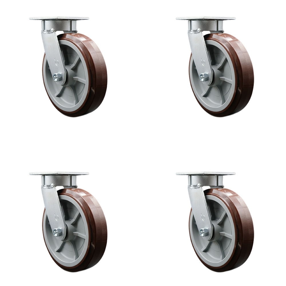 Kingpinless Polyurethane on Polyolefin Swivel Top Plate Caster Set of 4 w/8" x 2" Maroon Wheels - Includes 4 Swivel w/Bolt on Swivel Locks - 4000 lbs Total Capacity - Service Caster Brand — photo 1