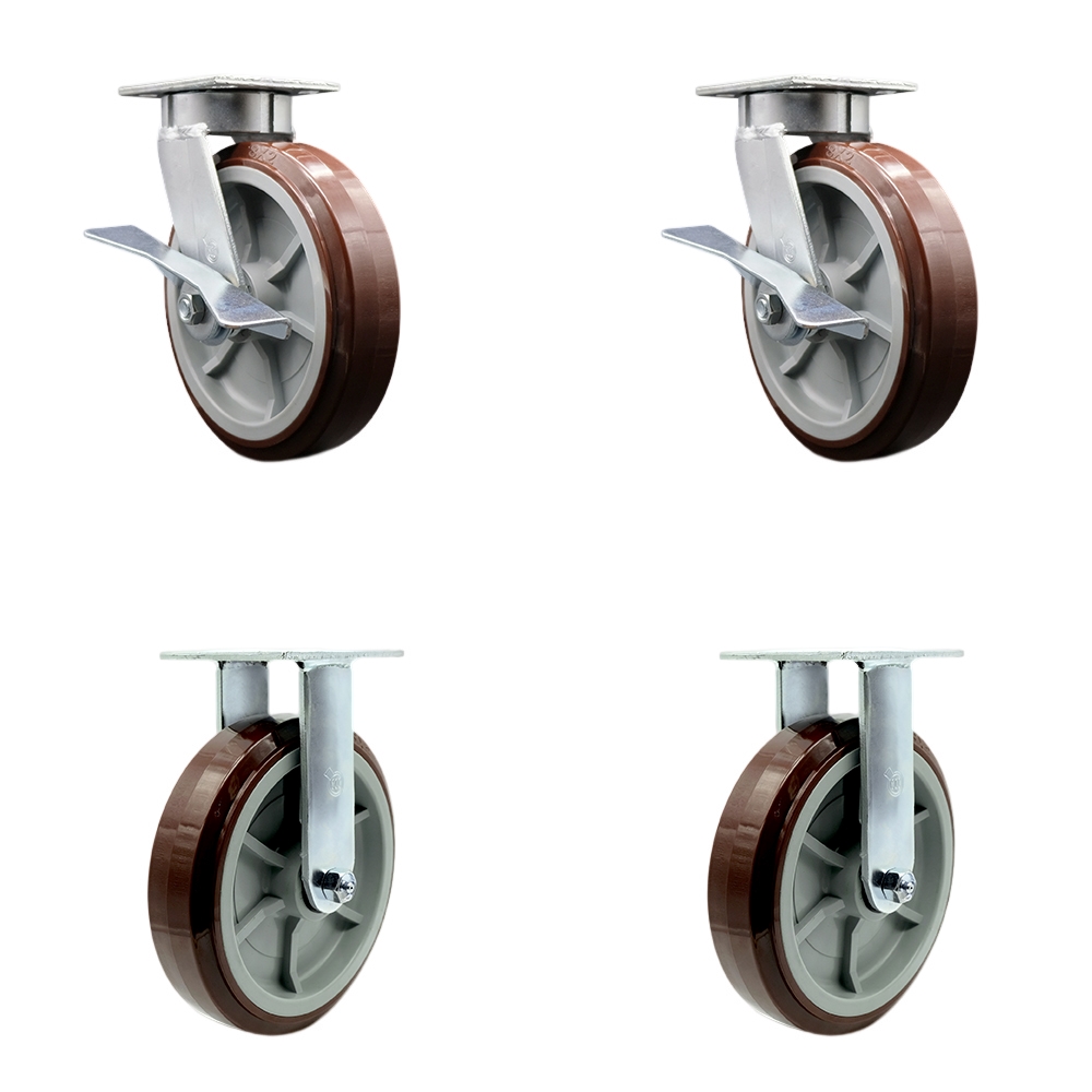 Heavy Duty Kingpinless Swivel Caster Set of 4 with 8 Inch Polyurethane Wheels and Ball Bearings - Includes 2 Swivel with Brakes and 2 Rigid - 4,000 lbs. Total Capacity - Service Caster Brand — photo 1