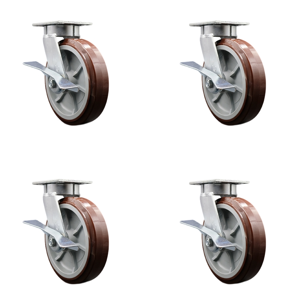 Kingpinless Polyurethane on Polyolefin Swivel Top Plate Caster Set of 4 w/8" x 2" Maroon Wheels - Includes 4 Swivel w/Side Lck Brakes - 4000 lbs Total Capacity - Service Caster Brand — photo 1