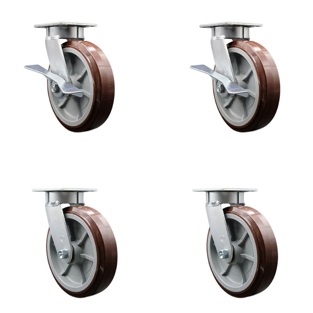 Kingpinless Poly on Polyolefin Swivel Top Plate Caster Set 4 w/8" x 2" Maroon Wheels-Includes 2 Swvl w/Brakes and Bolt on Swvl Lcks&2 Swvl w/Bolt on Swvl Lcks-4000lbs Total Cpty - Service Caster Brand — photo 1