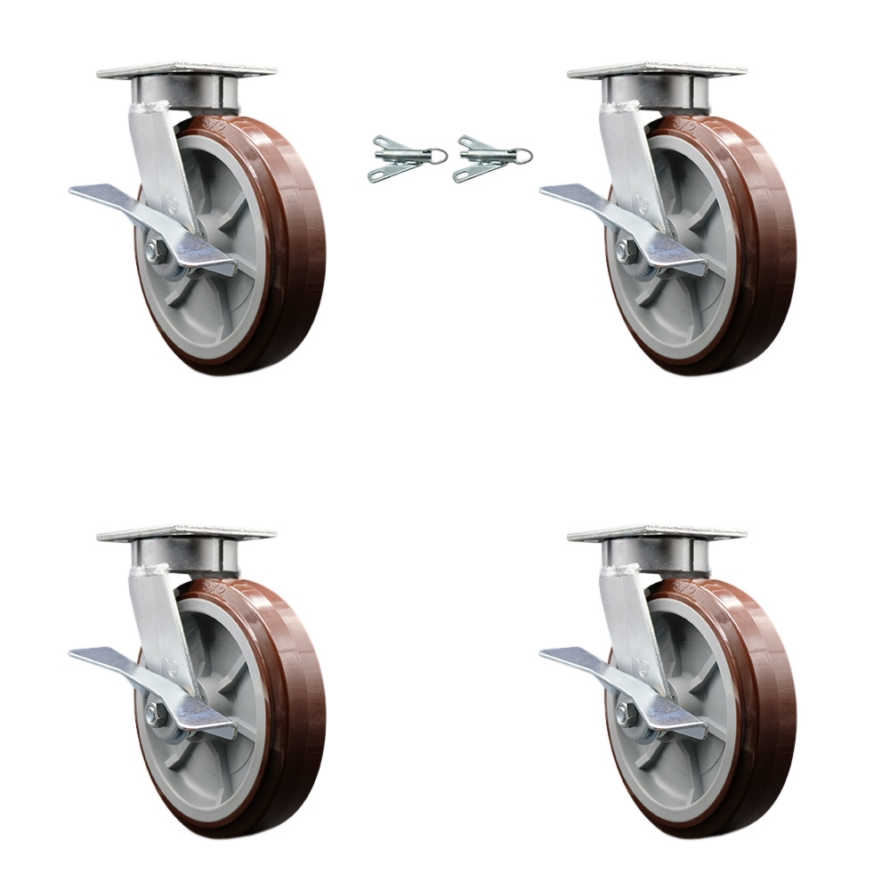 Heavy Duty Kingpinless Swivel Caster Set of 4 with 8 Inch Polyurethane Wheels and Ball Bearings - Includes 2 Swivel with Brakes and Bolt on Swivel Locks and 2 Swivel with Brakes - Service Caster Brand — photo 1