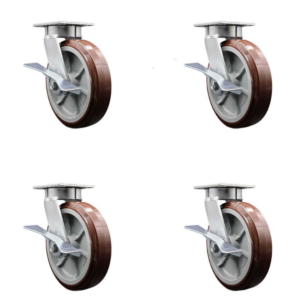 Kingpinless Polyurethane on Polyolefin Swivel Top Plate Caster Set of 4 w/8" x 2" Maroon Wheels - Includes 4 Swivel w/Side Lck Brakes & Bolt on Swivel Locks-4000lbs Total Capacity-Service Caster Brand — photo 1