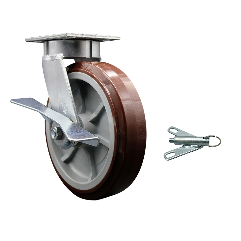 Heavy Duty Kingpinless Swivel Top Plate Caster with Side Lock Brake and Bolt on Swivel Lock and 8 Inch Polyurethane Wheel with Ball Bearings - 1,000 lbs. Capacity/Caster - Service Caster Brand — photo 1