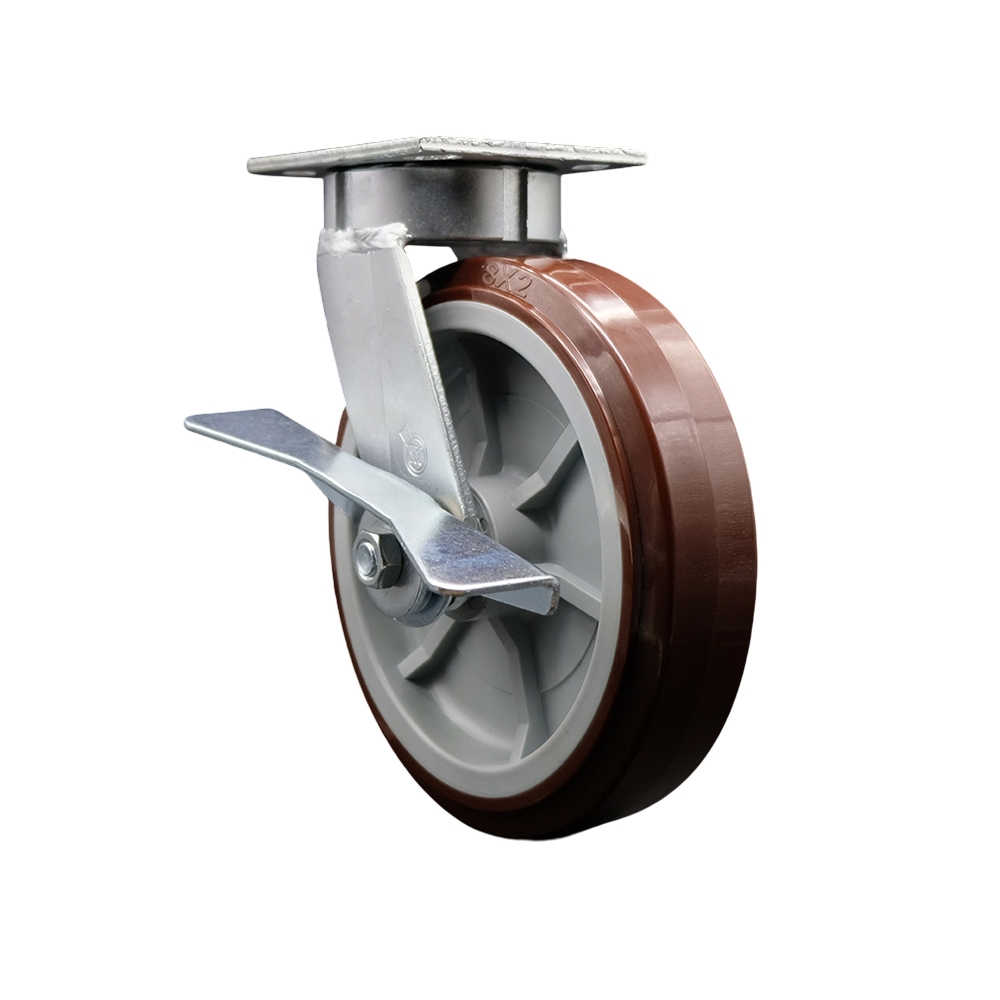 Kingpinless Polyurethane on Polyolefin Swivel Top Plate Caster w/8" x 2" Maroon Wheel & Side Lck Brake - 1000 lbs Capacity/Caster - Service Caster Brand — photo 1