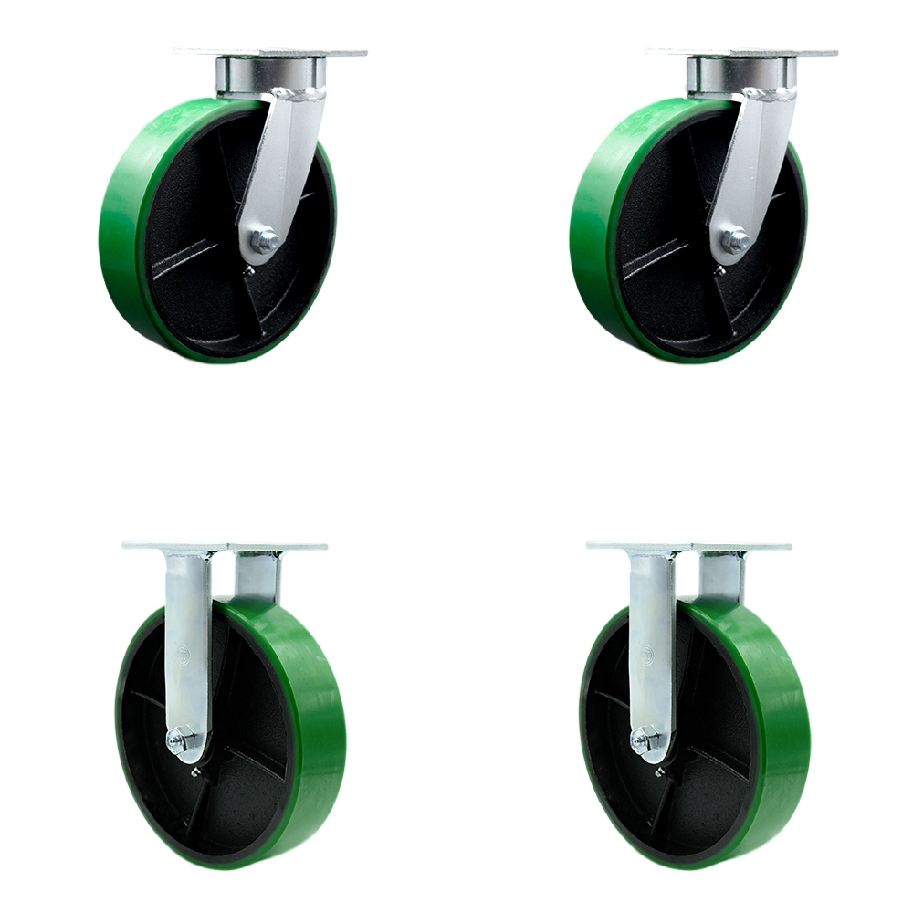 Kingpinless Polyurethane on Cast Iron Swivel Top Plate Caster Set of 4 w/8" x 2" Green Wheels - Includes 2 Swivel & 2 Rigid - 5000 lbs Total Capacity - Service Caster Brand — photo 1