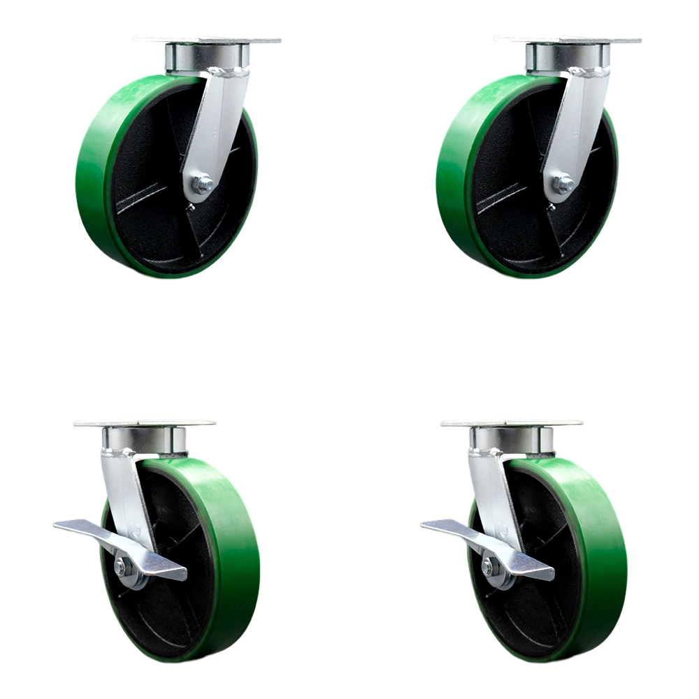 Kingpinless Polyurethane on Cast Iron Swivel Top Plate Caster Set of 4 w/8" x 2" Green Wheels - Includes 2 Swivel with Brakes & 2 Swivel - 5000 lbs Total Capacity - Service Caster Brand — photo 1