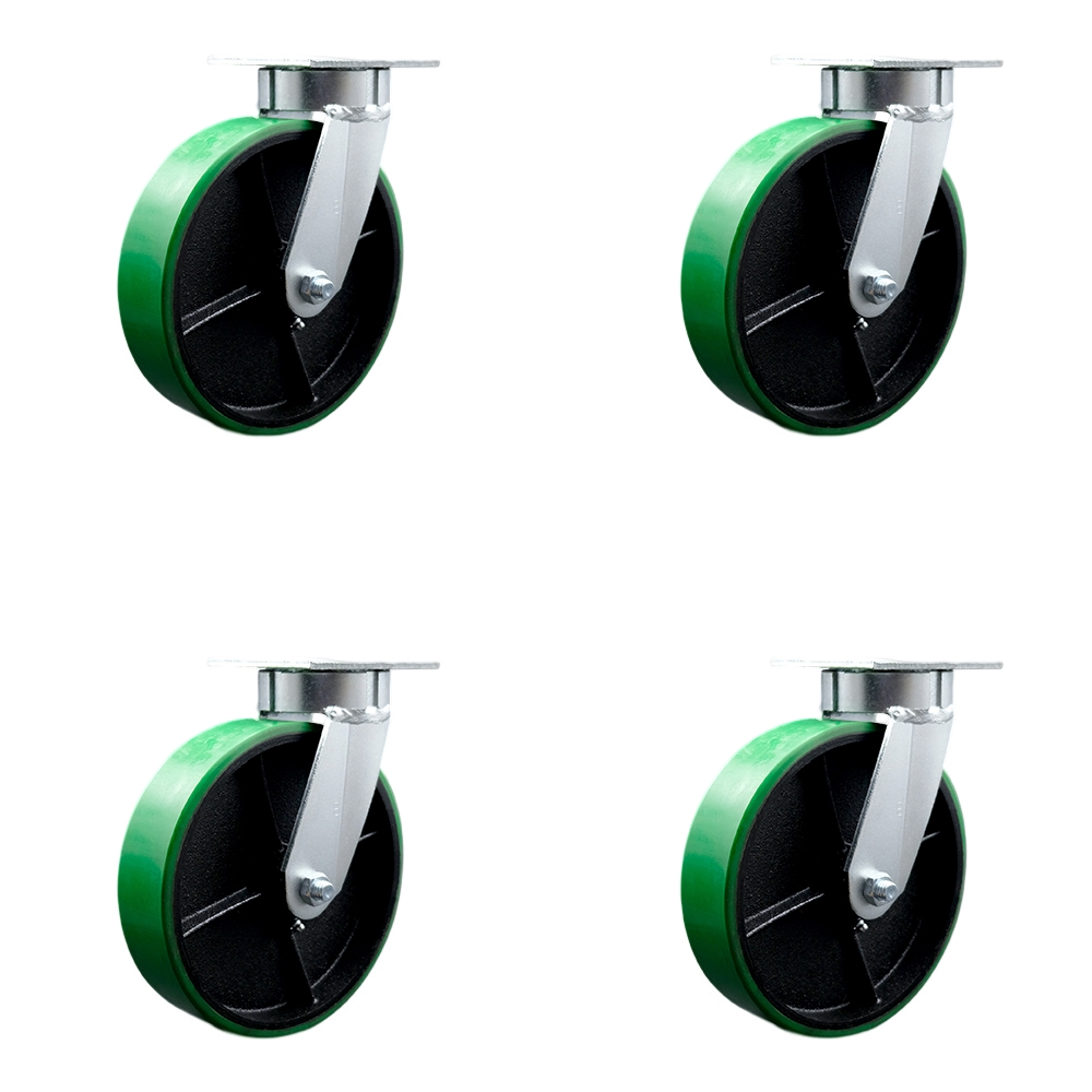 Heavy Duty Kingpinless Swivel Caster Set of 4 with 8 Inch Green Polyurethane on Cast Iron Wheels and Ball Bearings - Includes 4 Swivel - 5,000 lbs. Total Capacity - Service Caster Brand — photo 1