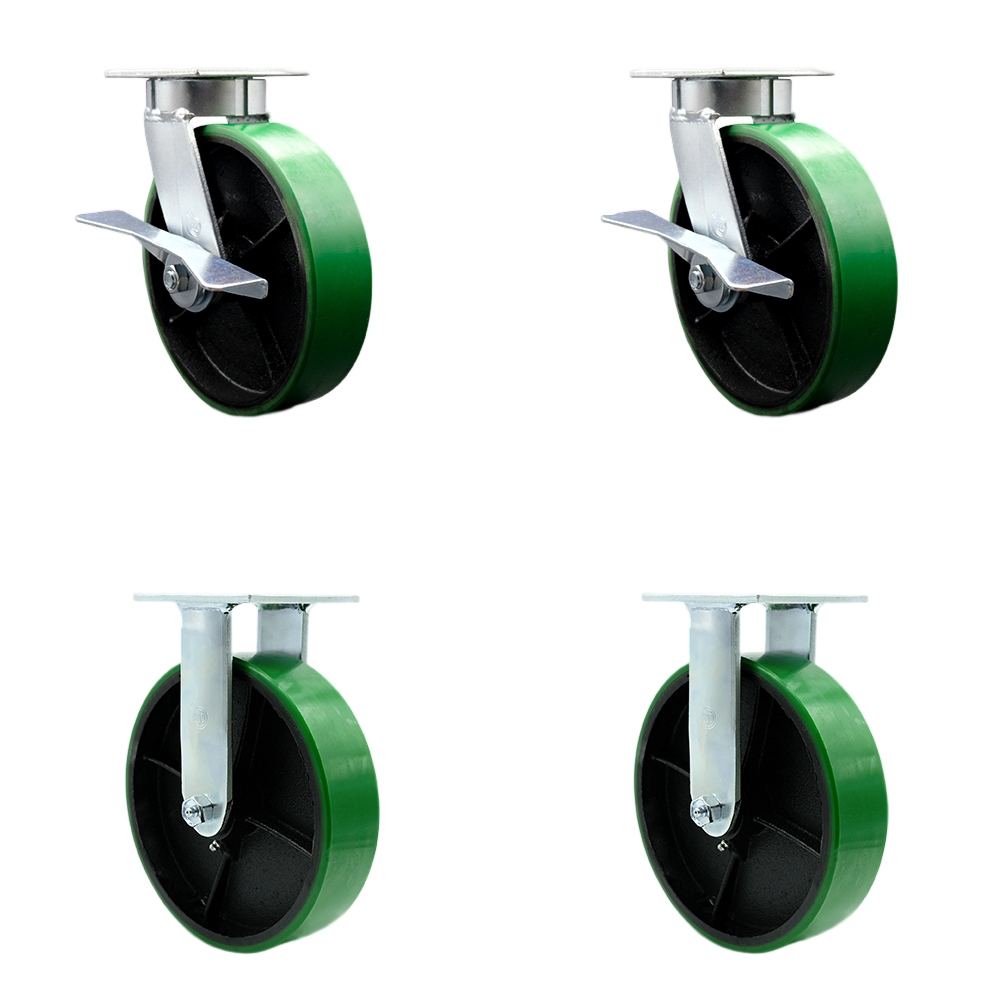 Kingpinless Polyurethane on Cast Iron Swivel Top Plate Caster Set of 4 w/8" x 2" Green Wheels - Includes 2 Swivel with Bolt on Swivel Locks & 2 Rigid - 5000 lbs Total Capacity - Service Caster Brand — photo 1