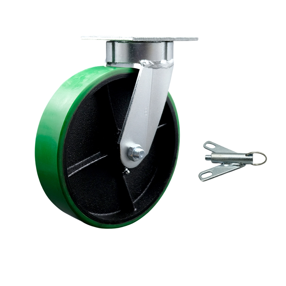 Kingpinless Polyurethane on Cast Iron Swivel Top Plate Caster w/8" x 2" Green Wheel & Bolt on Swivel Lock - 1250 lbs Capacity/Caster - Service Caster Brand — photo 1