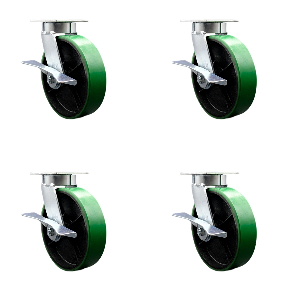 Kingpinless Polyurethane on Cast Iron Swivel Top Plate Caster Set of 4 w/8" x 2" Green Wheels - Includes 4 Swivel w/Side Lck Brakes - 5000 lbs Total Capacity - Service Caster Brand — photo 1