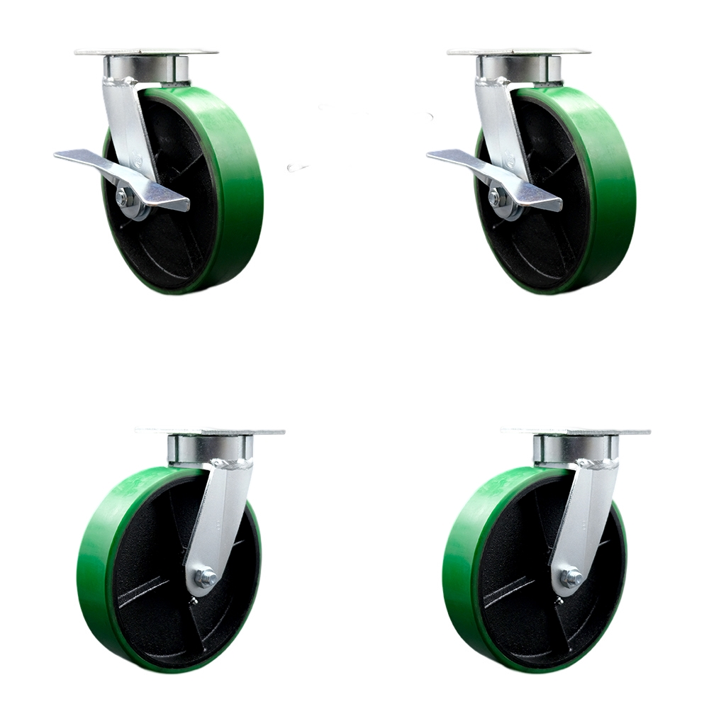 Heavy Duty Kingpinless Swivel Caster Set with 8 Inch Green Poly on Cast Iron Wheels and Ball Bearings-Include 2 Swivel with Brake&Bolt on Swivel Lock and 2 Swivel with Swivel Lock-Service Caster Brand — photo 1