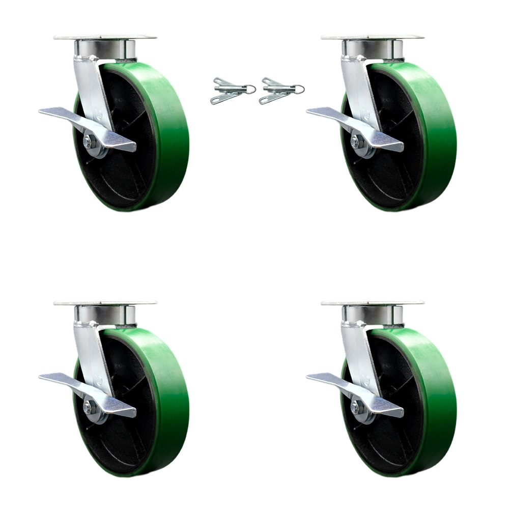 Kingpinless Poly on Cast Iron Swivel Top Plate Caster Set 4 w/8" x 2" Green Wheels-Includes 2 Swivel with Brakes and Bolt on Swivel Locks&2 Swivel with Brakes-5000 lbs Total Cpty- Service Caster Brand — photo 1