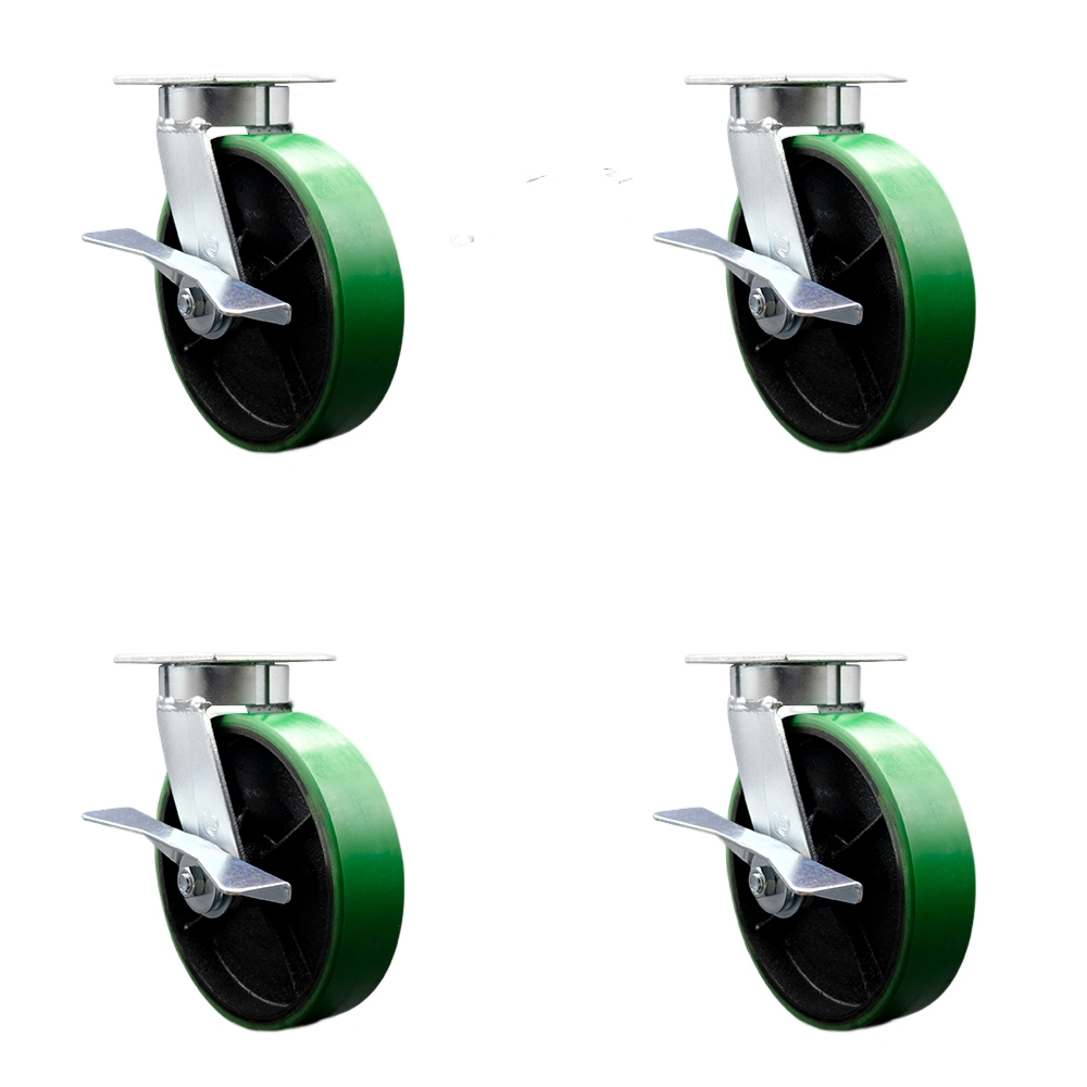 Heavy Duty Kingpinless Swivel Caster Set of 4 with 8 Inch Green Polyurethane on Cast Iron Wheels and Ball Bearings-Includes 4 Swivel with Side Lock Brakes and Bolt on Swivel Locks-Service Caster Brand — photo 1