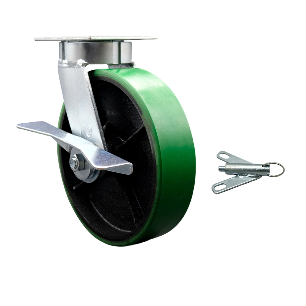 Kingpinless Polyurethane on Cast Iron Swivel Top Plate Caster w/8" x 2" Green Wheel & Side Lck Brake and Bolt on Swivel Lock - 1250 lbs Capacity/Caster - Service Caster Brand — photo 1