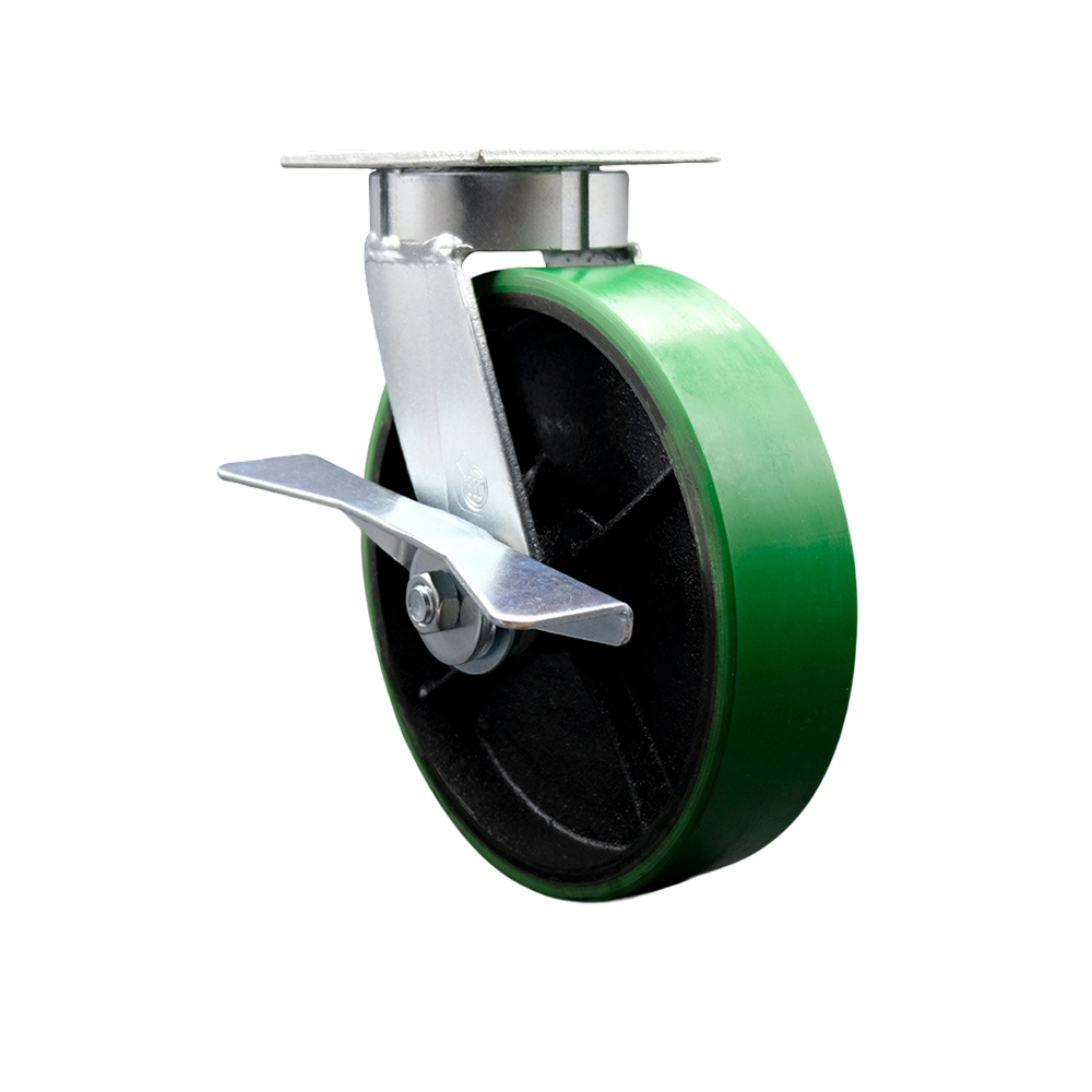 Heavy Duty Kingpinless Swivel Top Plate Caster with Side Lock Brake and 8 Inch Green Polyurethane on Cast Iron Wheel with Ball Bearings - 1,250 lbs. Capacity/Caster - Service Caster Brand — photo 1