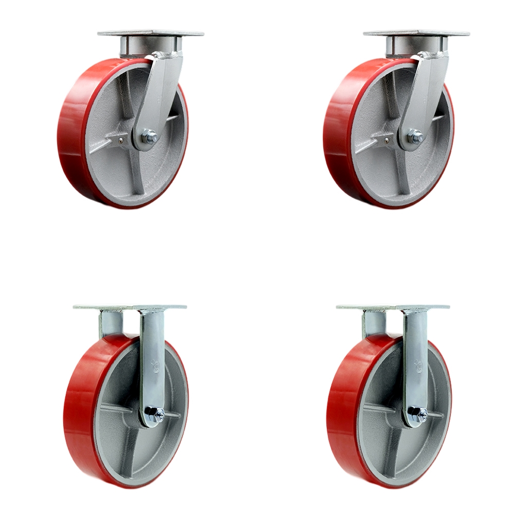 Heavy Duty Kingpinless Swivel Caster Set of 4 with 8 Inch Red Polyurethane on Cast Iron Wheels and Ball Bearings - Includes 2 Swivel and 2 Rigid - 5,000 lbs. Total Capacity - Service Caster Brand — photo 1