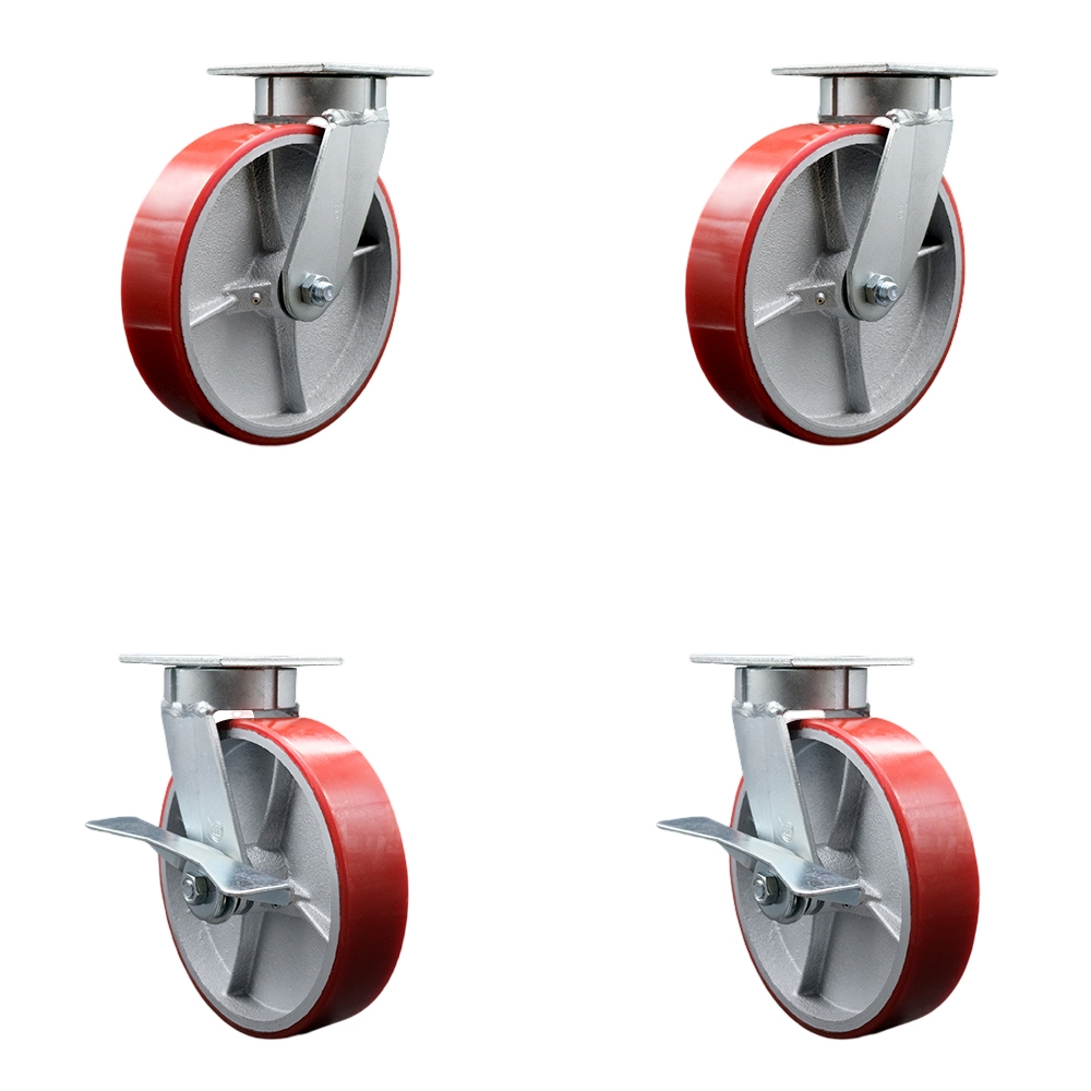 Kingpinless Polyurethane on Cast Iron Swivel Top Plate Caster Set of 4 w/8" x 2" Red Wheels - Includes 2 Swivel with Brakes & 2 Swivel - 5000 lbs Total Capacity - Service Caster Brand — photo 1