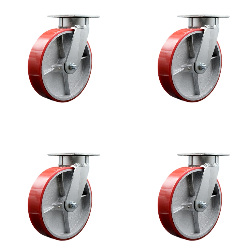 Kingpinless Polyurethane on Cast Iron Swivel Top Plate Caster Set of 4 w/8" x 2" Red Wheels - Includes 4 Swivel - 5000 lbs Total Capacity - Service Caster Brand — photo 1