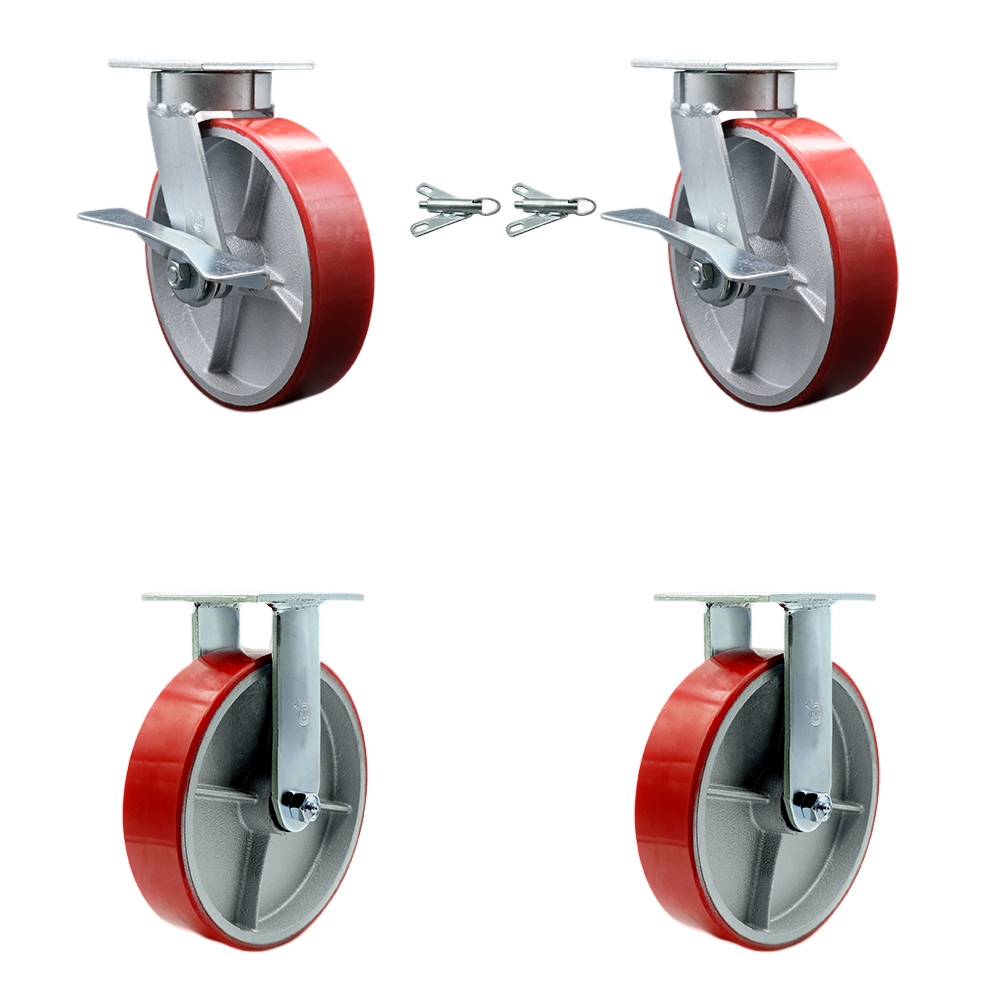 Kingpinless Polyurethane on Cast Iron Swivel Top Plate Caster Set of 4 w/8" x 2" Red Wheels - Includes 2 Swivel with Bolt on Swivel Locks & 2 Rigid - 5000 lbs Total Capacity - Service Caster Brand — photo 1